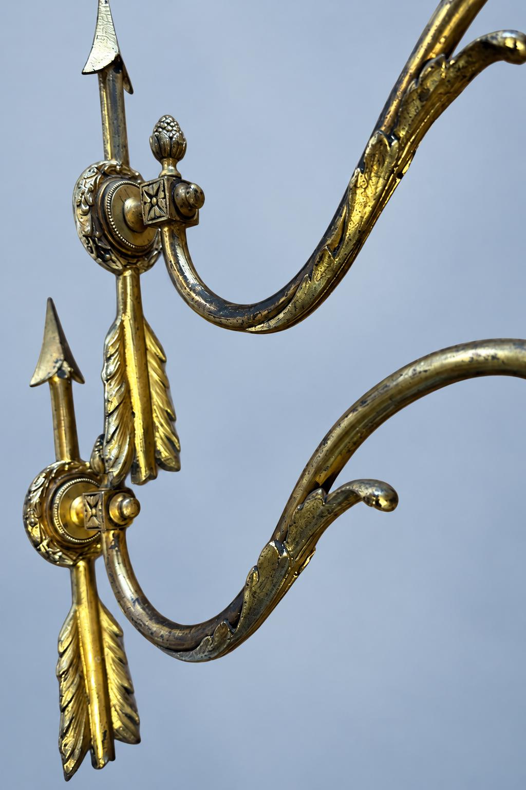 Vintage Pair of Louis XVI Style Brass Wall Sconces, Attributed 19th Century, Arrow and Swan-Neck Arms, Frosted Glass Tulips, 26 cm