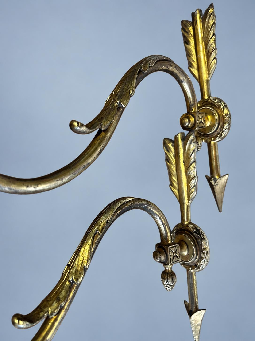 Vintage Pair of Louis XVI Style Brass Wall Sconces, Attributed 19th Century, Arrow and Swan-Neck Arms, Frosted Glass Tulips, 26 cm