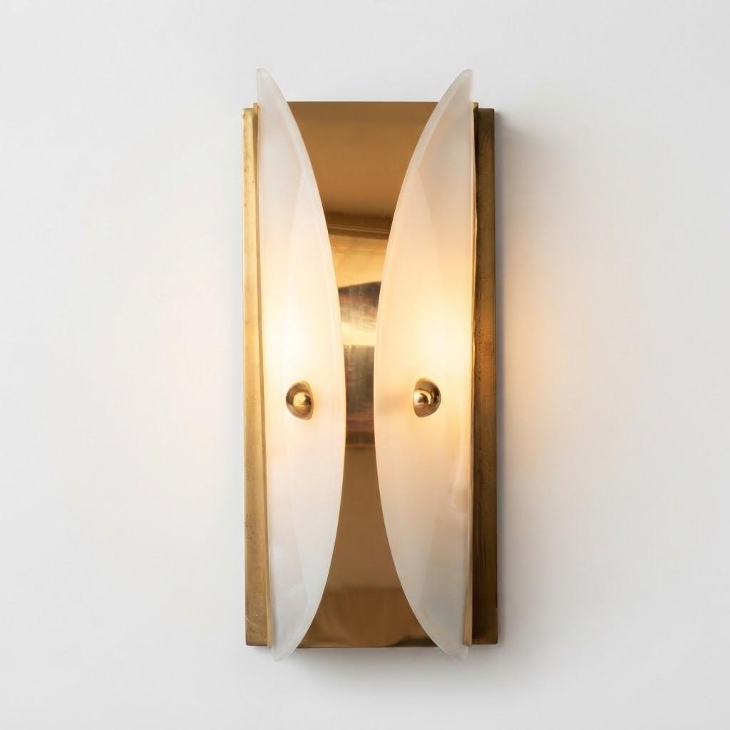 Vintage Italian-Style Brass Wall Sconce with Frosted Glass Wings, 30 cm