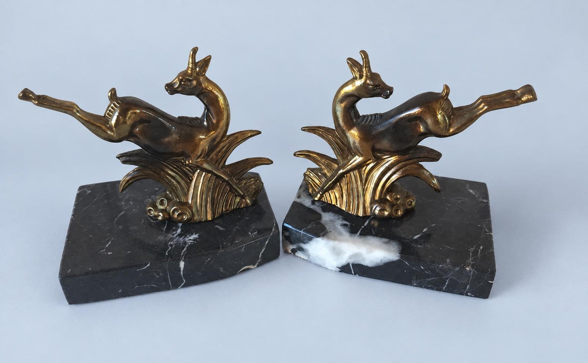 Vintage Pair of Art Deco Leaping Deer Bookends, Gilt-Tone Spelter on Black Marble Bases, 9 cm