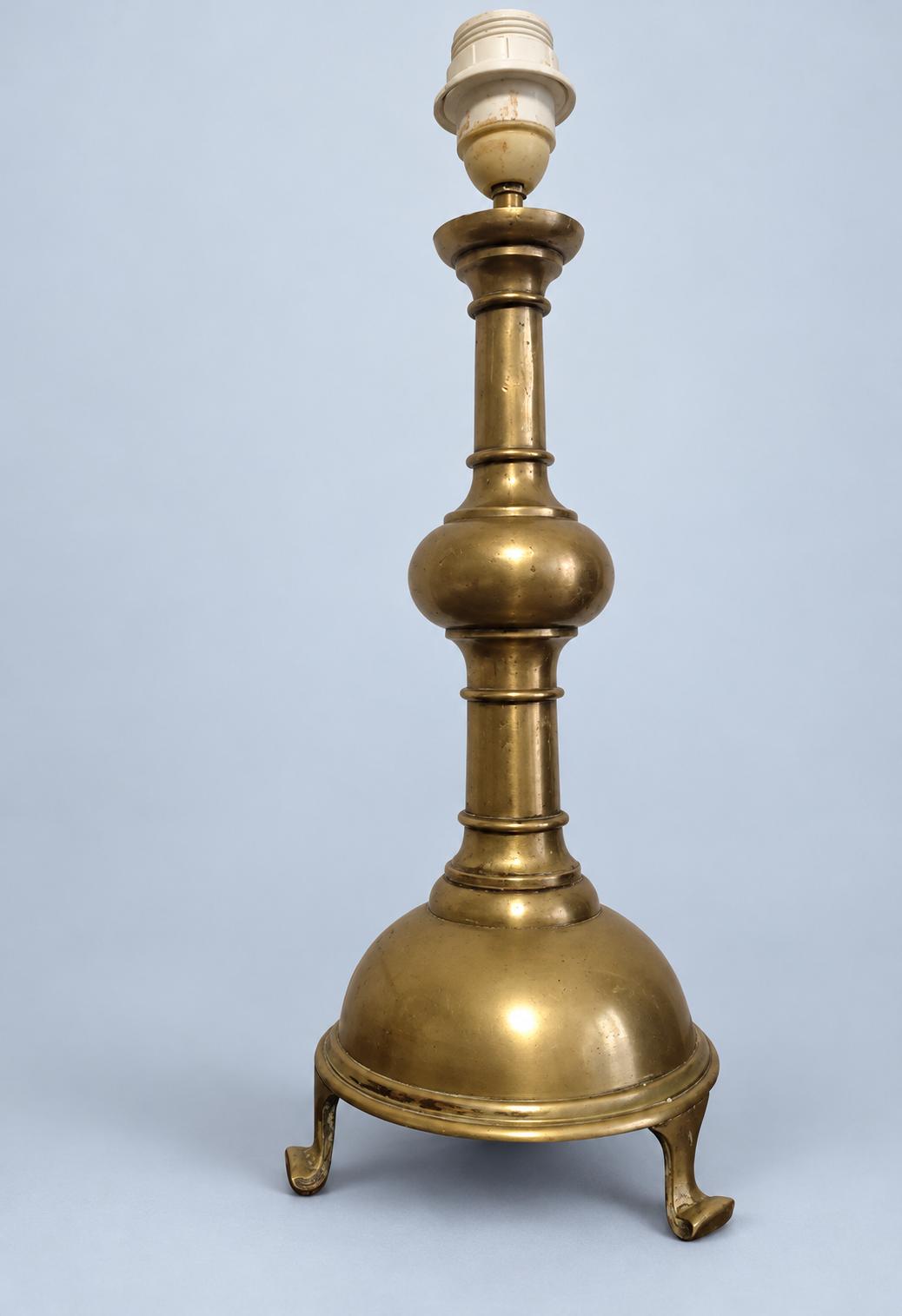 Vintage Brass Table Lamp Base, Baluster Candlestick Form with Ball Knop and Tripod Feet, Sold Without Shade, 43 cm
