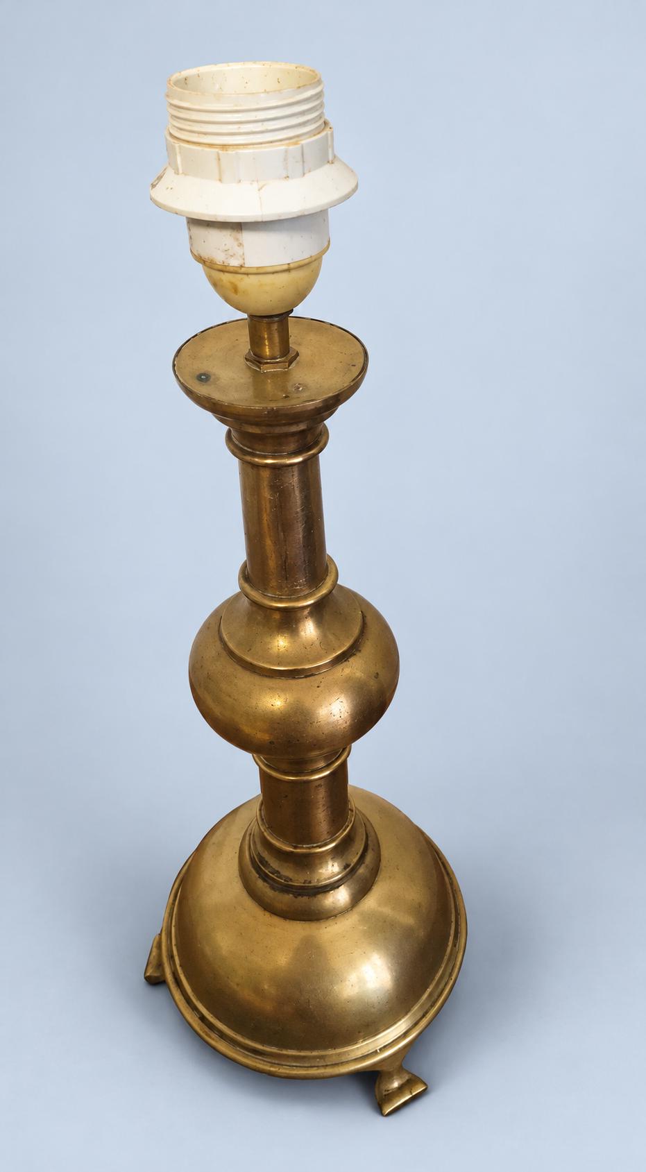 Vintage Brass Table Lamp Base, Baluster Candlestick Form with Ball Knop and Tripod Feet, Sold Without Shade, 43 cm