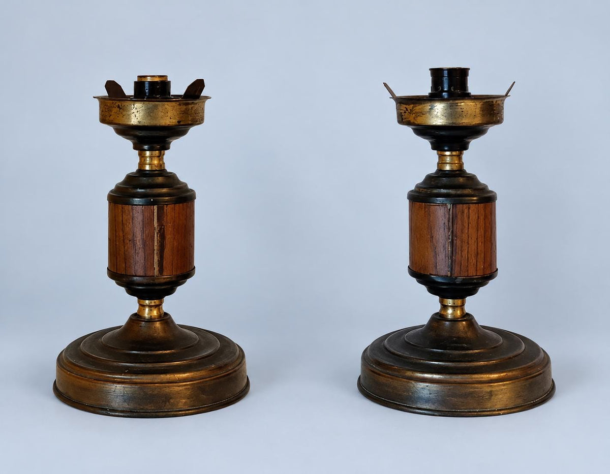 Vintage Pair of Small Brass Bedside Lamps with Wood-Effect Panels, Sold Without Shades, 18 cm