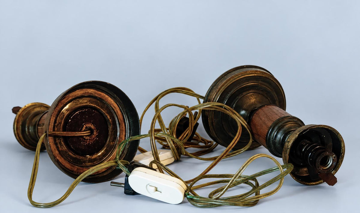 Vintage Pair of Small Brass Bedside Lamps with Wood-Effect Panels, Sold Without Shades, 18 cm