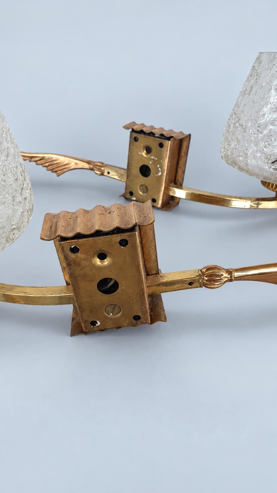 Vintage Pair of Brass Wall Sconces, Attributed 1960s–70s, Leaf Arms with Textured Bubble Glass Shades, 37 cm