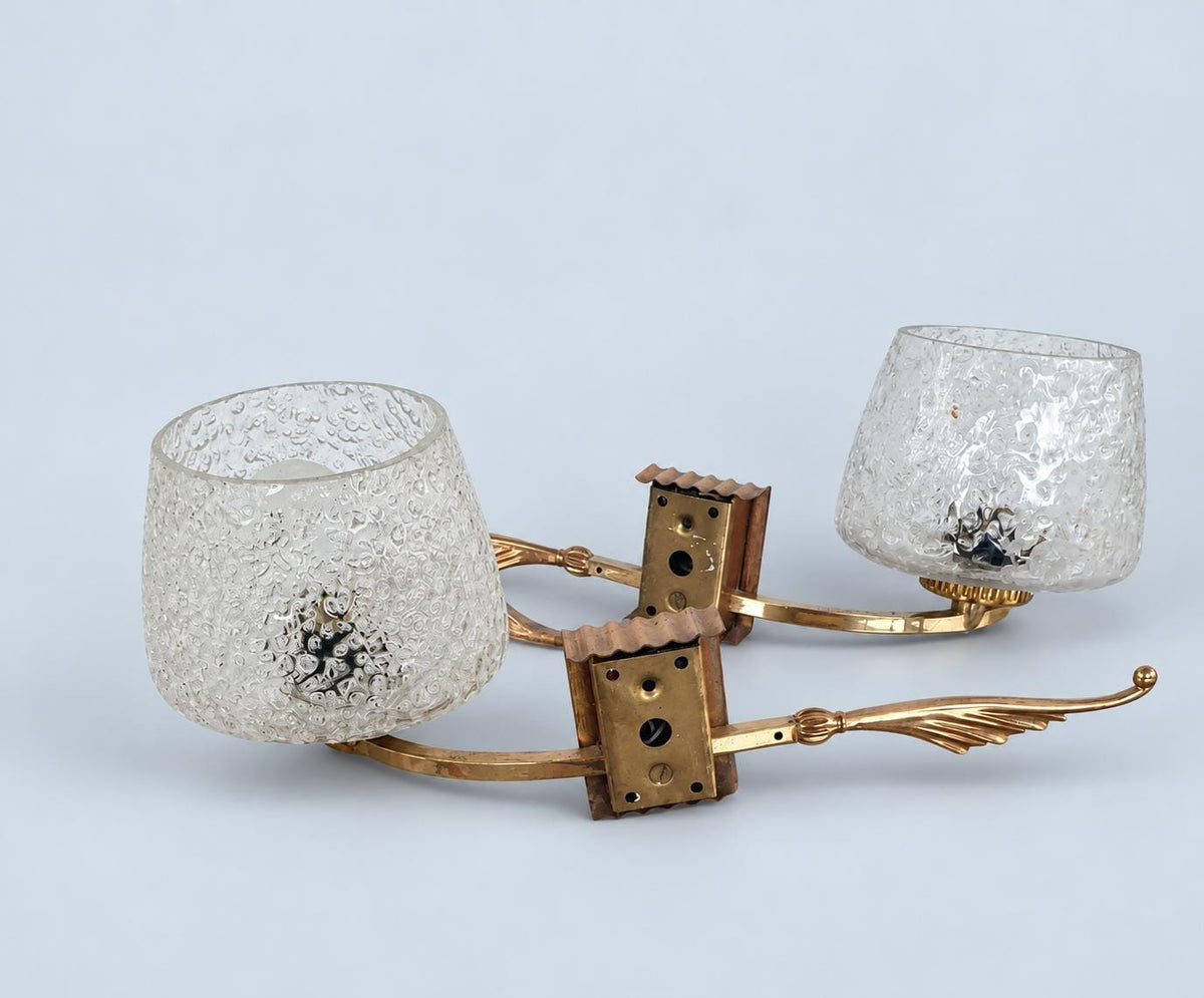 Vintage Pair of Brass Wall Sconces, Attributed 1960s–70s, Leaf Arms with Textured Bubble Glass Shades, 37 cm