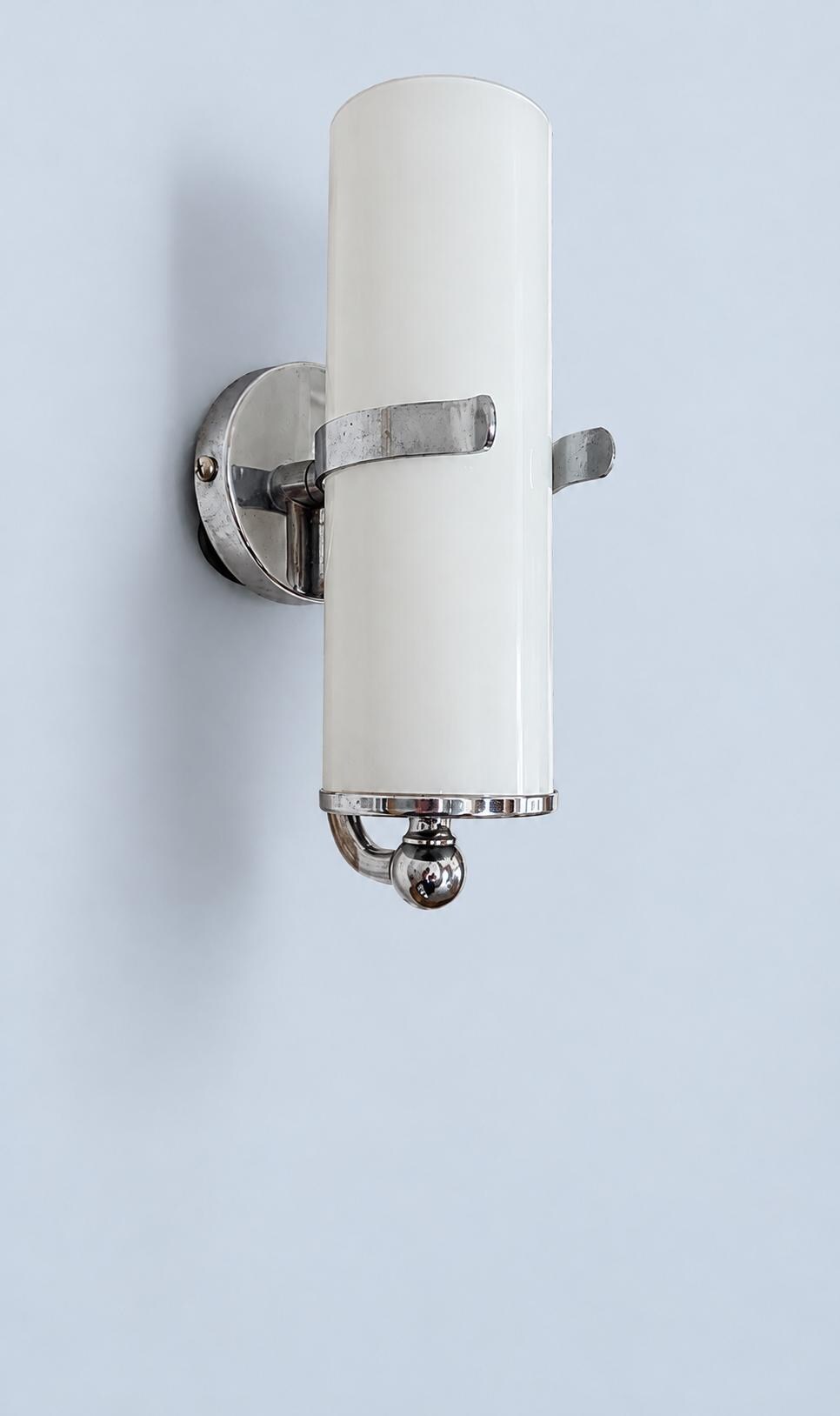 Vintage Pair of Chrome Wall Sconces, Attributed 1970s, White Glass Cylinder Shades with Ball Finials, 21 cm