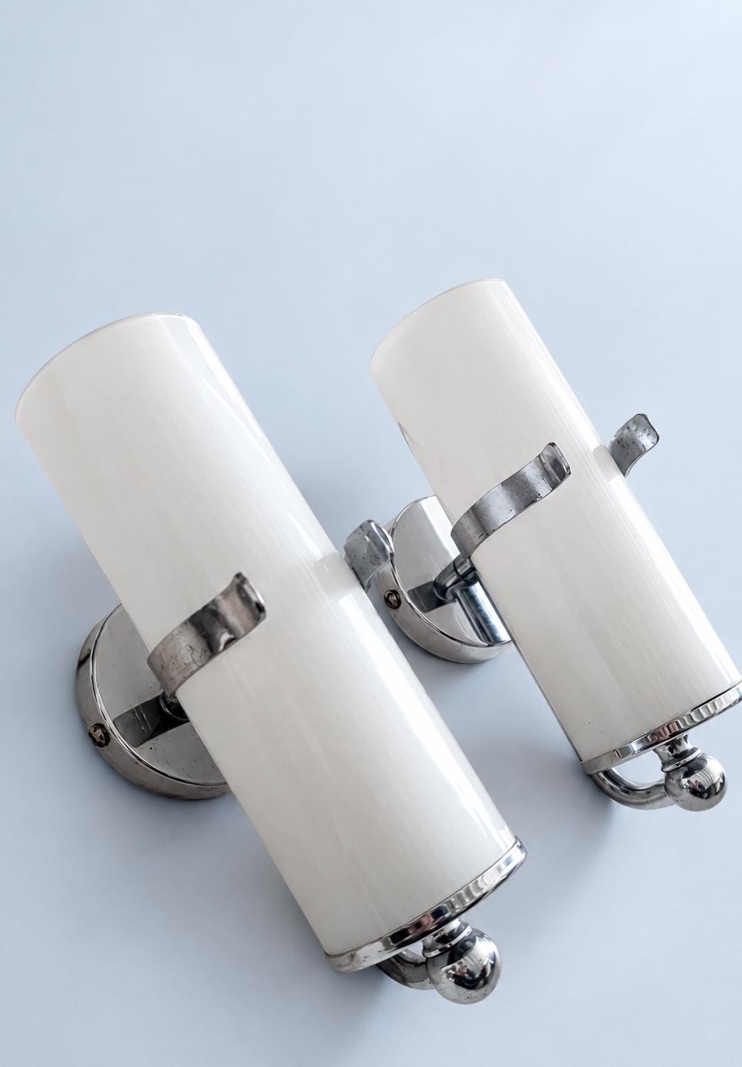 Vintage Pair of Chrome Wall Sconces, Attributed 1970s, White Glass Cylinder Shades with Ball Finials, 21 cm
