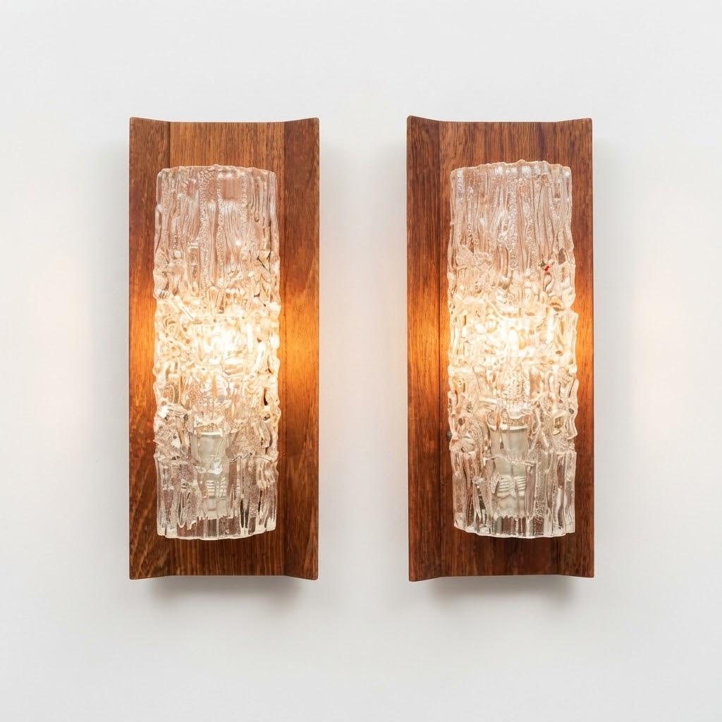 Vintage Pair of Wood and Bark Glass Wall Sconces, Attributed 1960s–70s, Brutalist Mid-Century Style, 28 cm