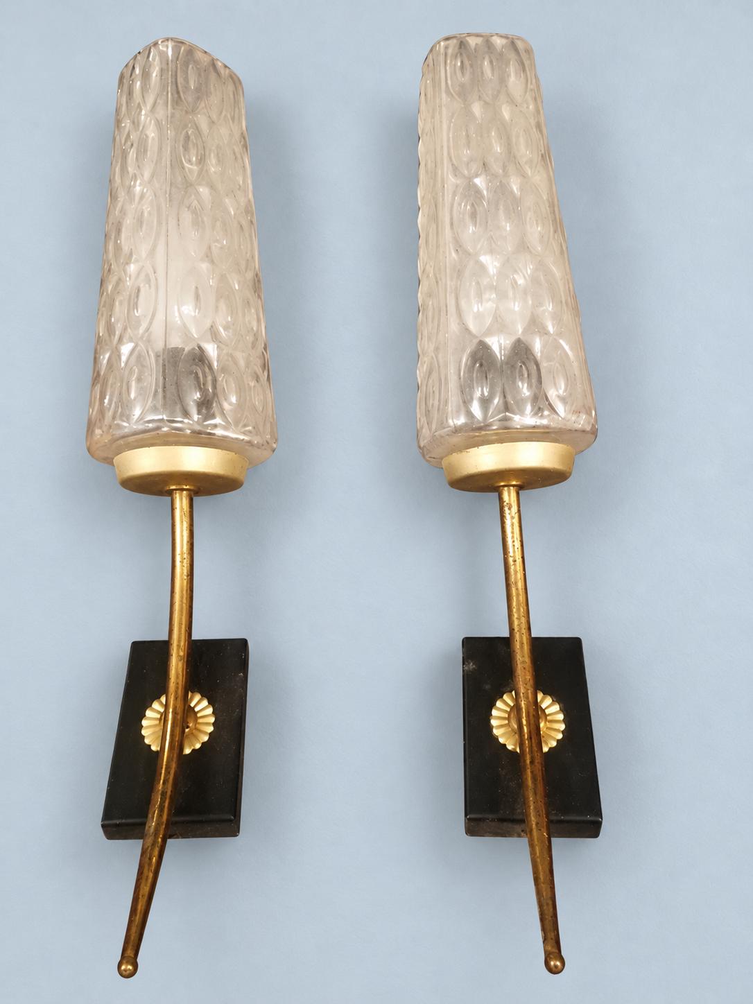 Vintage Pair of Brass Wall Sconces, Attributed 1950s–60s, Tall Pressed Glass Shades on Black Wall Plates with Rosettes, 34 cm