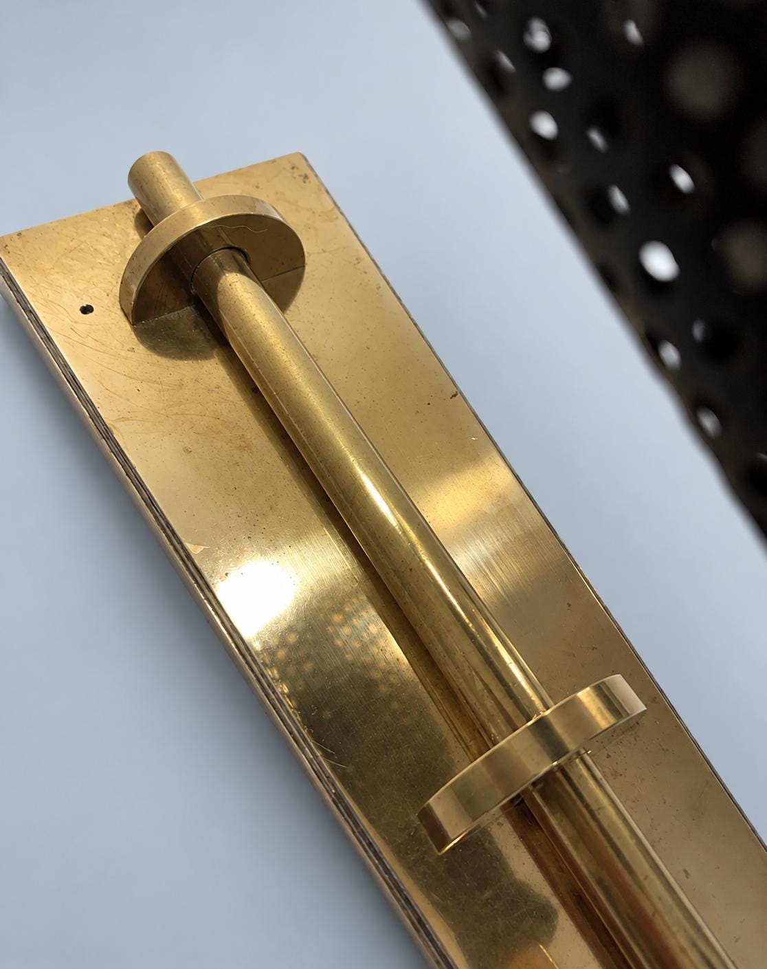 Vintage Wall Sconce with Black Perforated Metal Cone, Attributed 1950s, Gilt Metal Bracket, 25 cm