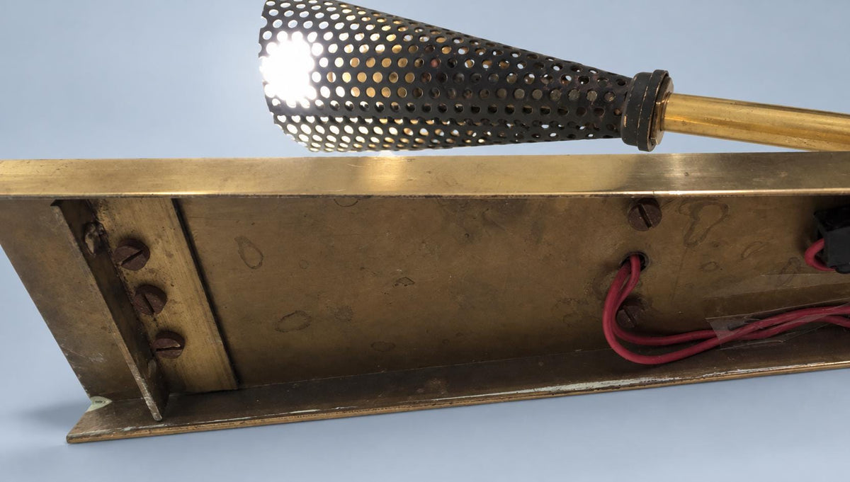 Vintage Wall Sconce with Black Perforated Metal Cone, Attributed 1950s, Gilt Metal Bracket, 25 cm