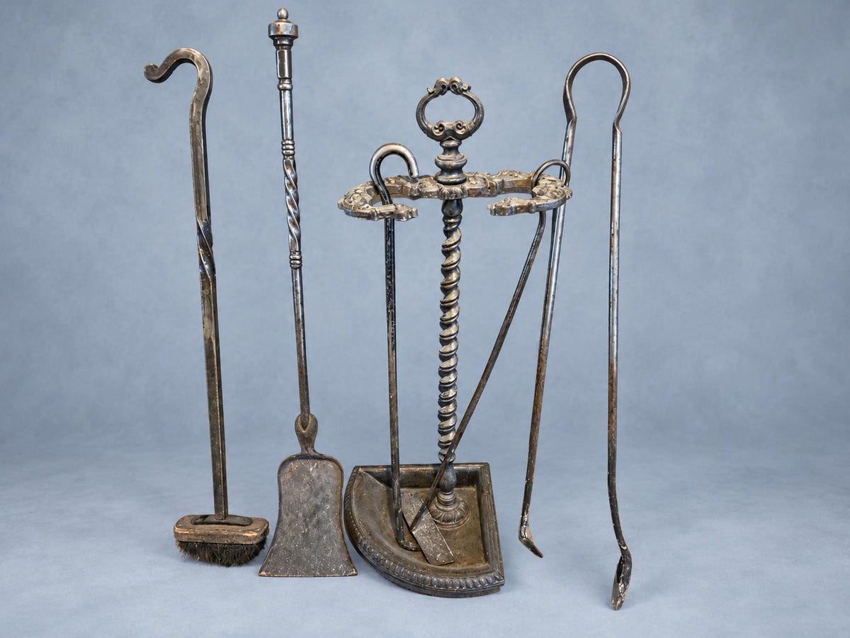 Vintage Fireplace Tool Set with Stand, Iron Companion Set with Twisted Handles, Shovel, Tongs, Poker and Brush, 60 cm