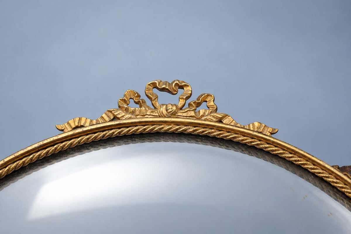 Vintage Convex Butler’s Mirror with Ribbon Bow Crest and Rope-Twist Gold-Tone Frame, Hanging Chain, 33 cm
