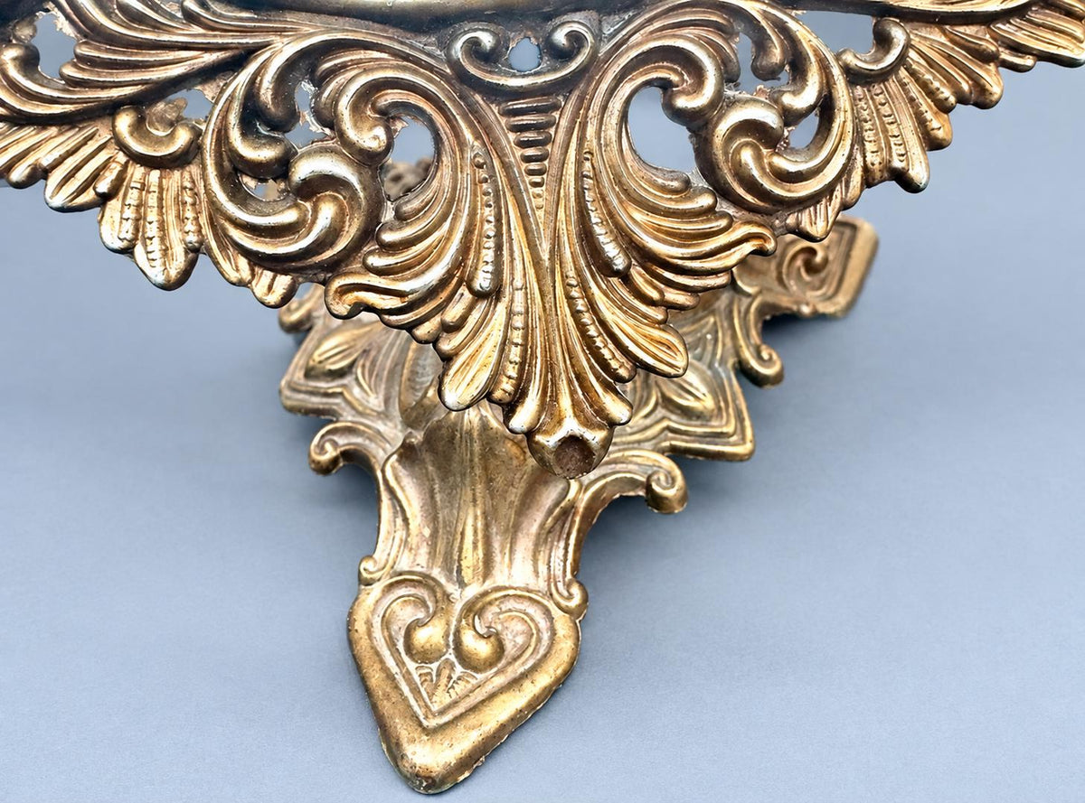 Baroque Style Tilting Vanity Mirror, Oval Glass in Pierced Scrolling Patinated Metal Frame on Pedestal Base, 46 cm