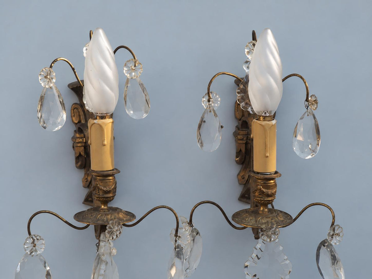Vintage Pair of Girandole Wall Sconces, Attributed 19th Century, Gilt Metal with Faceted Glass Drops, Single Light, 33 cm