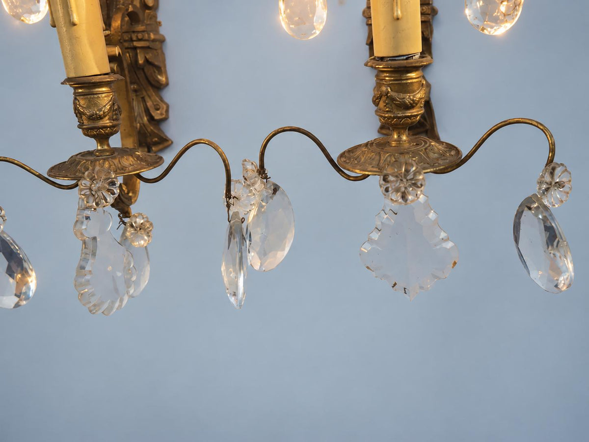 Vintage Pair of Girandole Wall Sconces, Attributed 19th Century, Gilt Metal with Faceted Glass Drops, Single Light, 33 cm