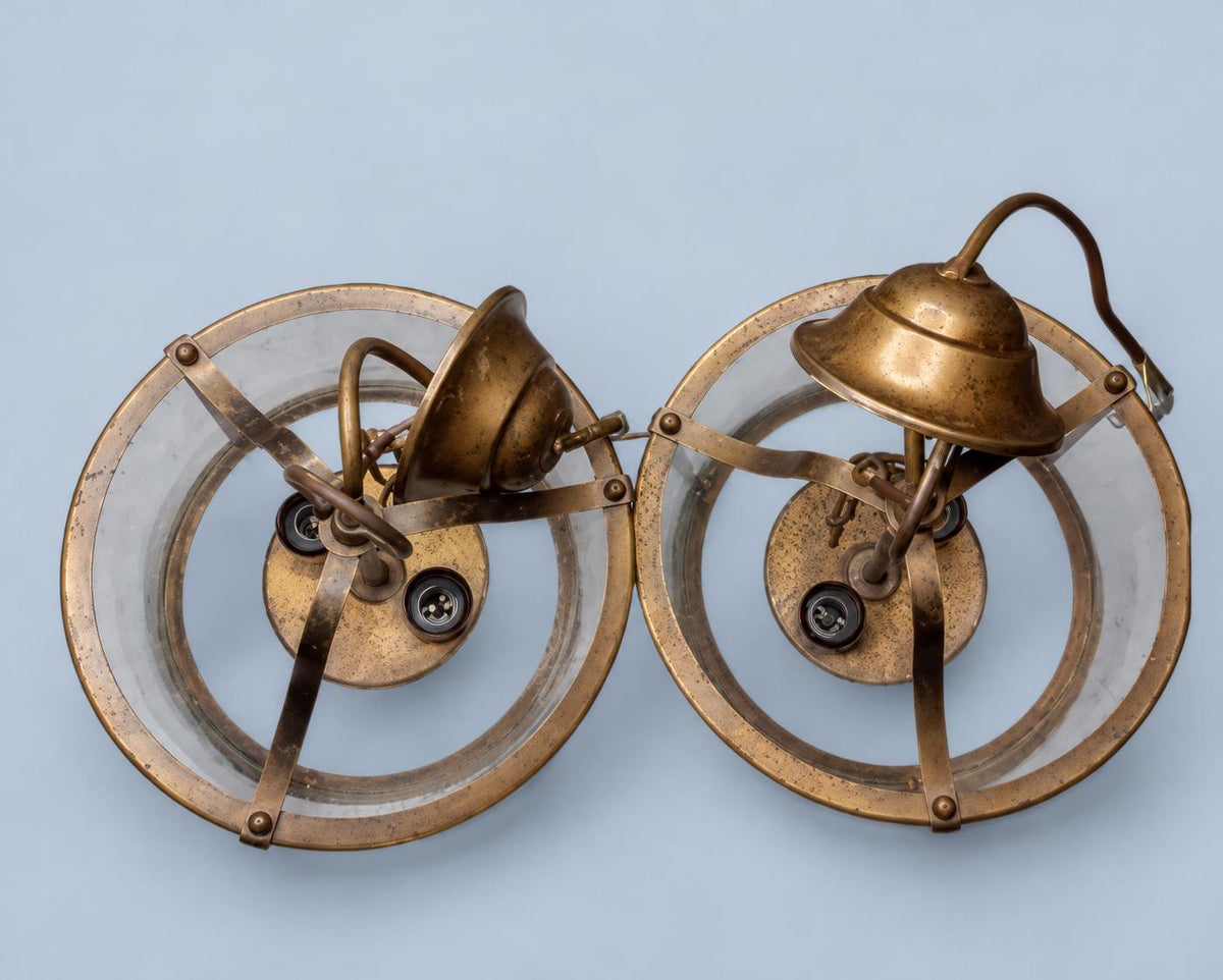 Vintage Pair of Brass Hall Lanterns, Attributed 1950s–60s, Directoire Style Glass Cylinder Pendants, Two Lights Each, 34 cm