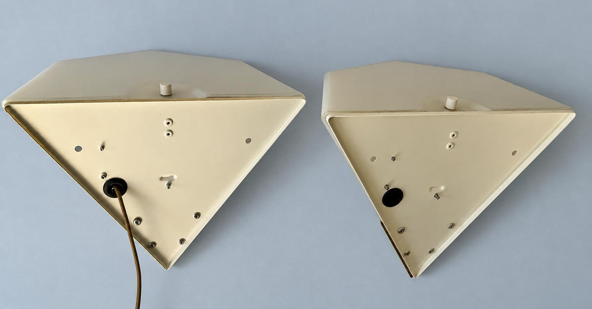 Vintage Pair of Geometric Wall Sconces, Attributed 1970s, Faceted White Glass Uplights with Polished Brass Points, 27 cm