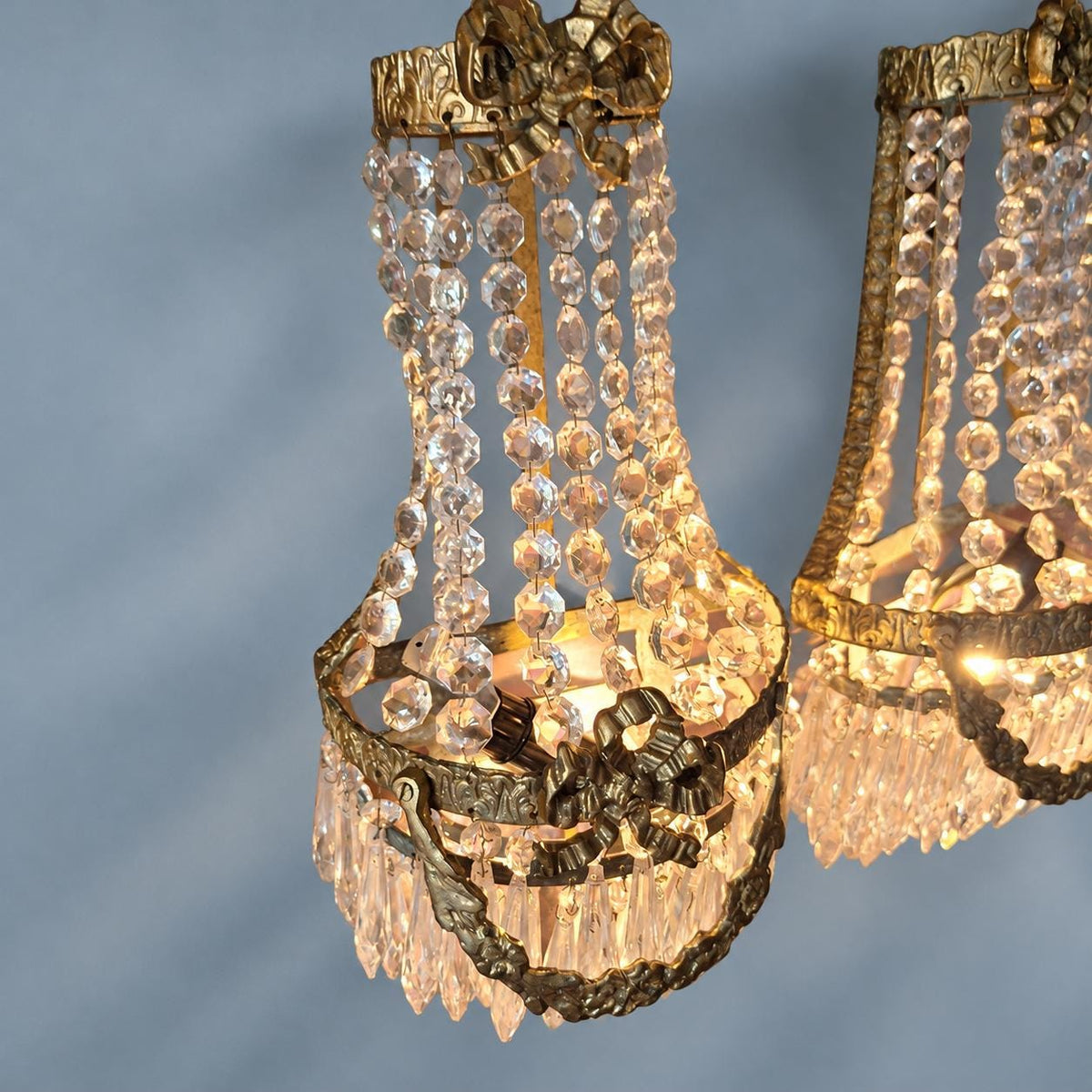 Vintage Pair of Hollywood Regency Beaded Wall Sconces, Empire Style Tent and Bag Design, Brass Frames with Faceted Glass Drops, 42 cm