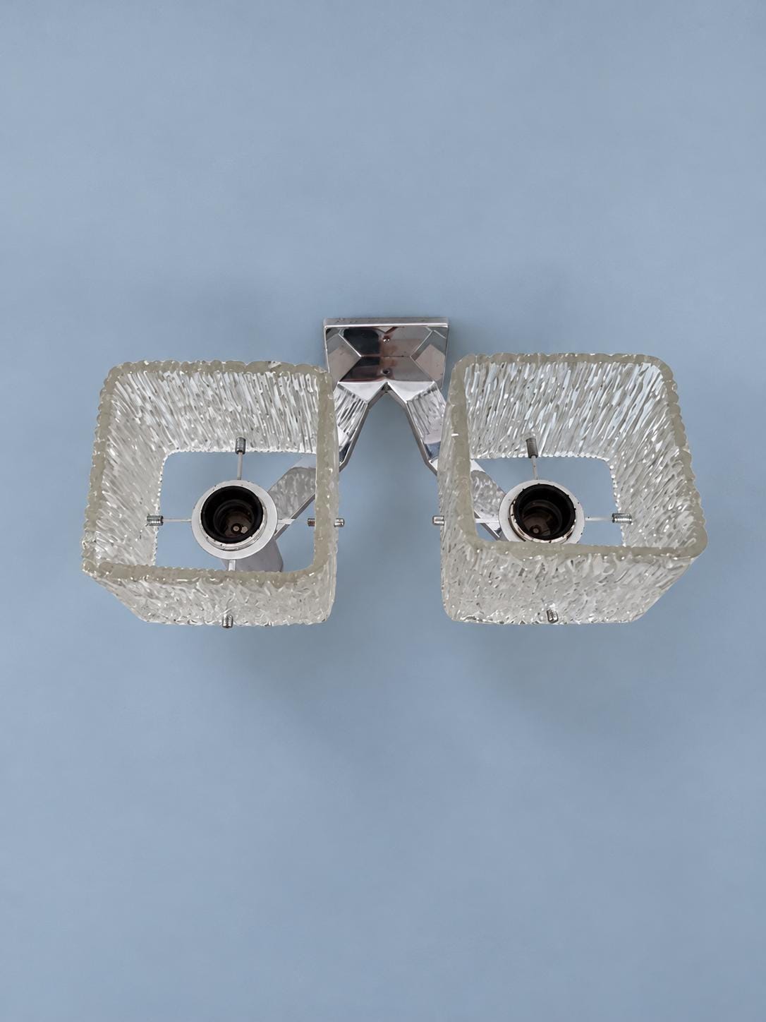 Vintage Double Wall Sconce, Attributed 1970s, Cube Ice Glass Shades on Chrome-Finish Arms, 35 cm