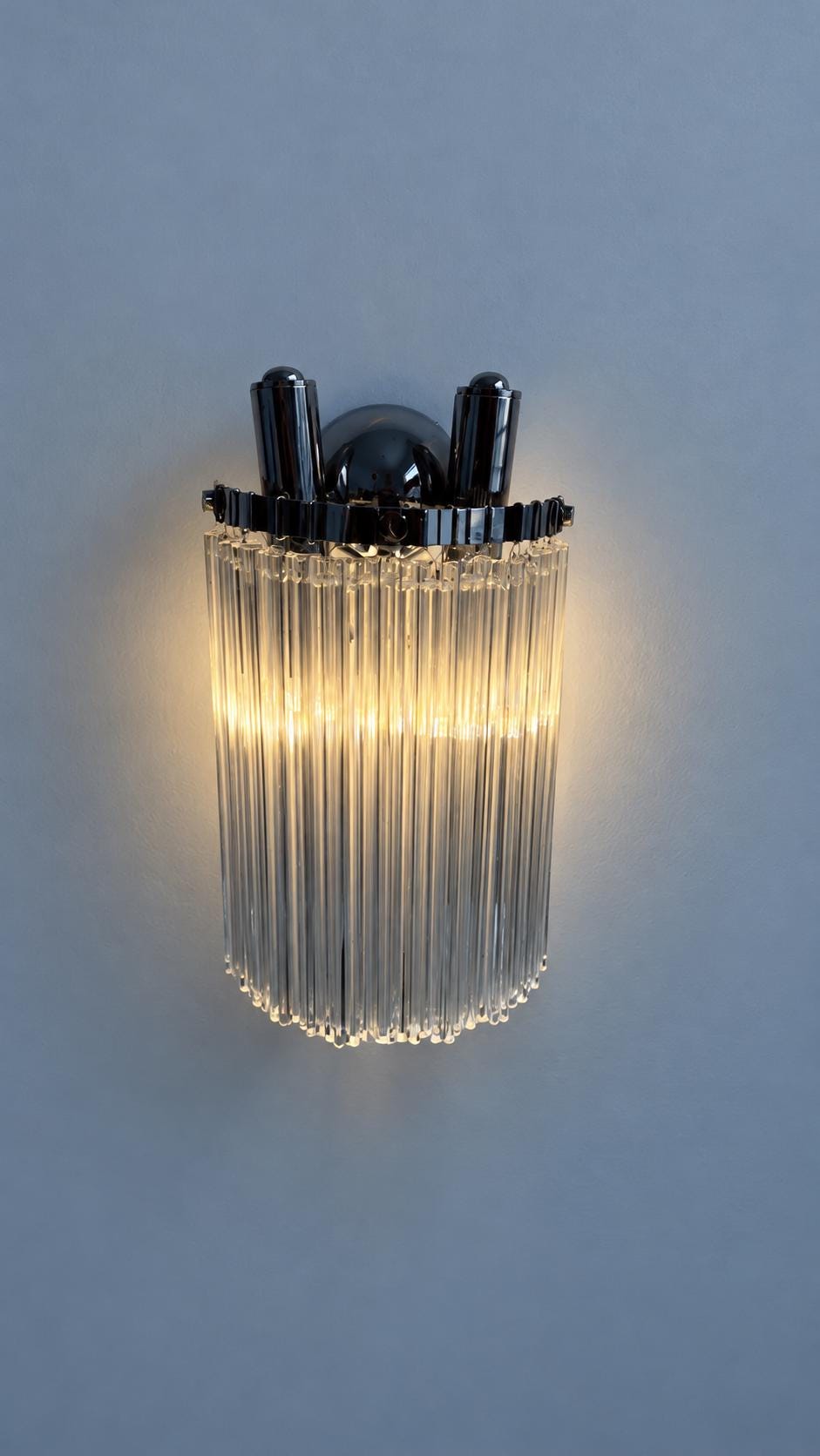 Vintage Glass Rod Wall Sconce, Cascade of Clear Glass Rods on Chrome-Finish Frame, Two Lights, 30 cm