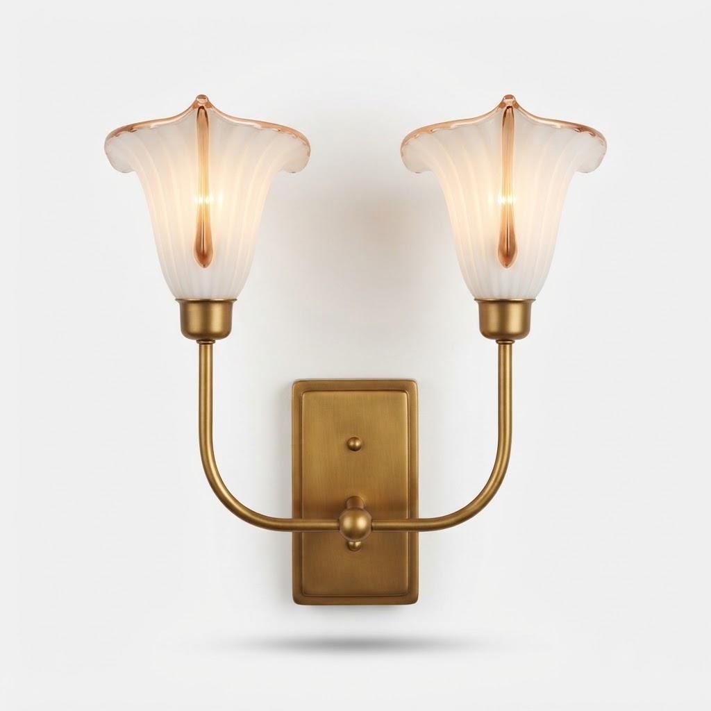 Double Wall Sconce with Calla Lily Glass Shades, White Striped Glass with Pink Rims, Gilt Metal Arms, 52 cm