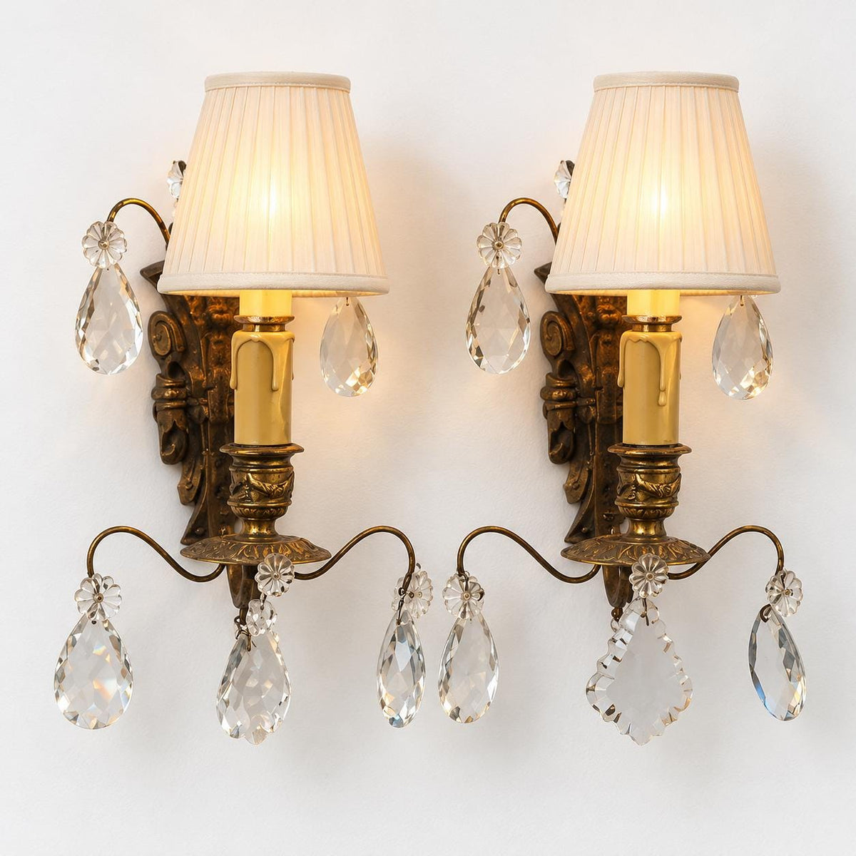 Vintage Pair of Girandole Wall Sconces, Attributed 19th Century, Gilt Metal with Faceted Glass Drops, Single Light, 33 cm