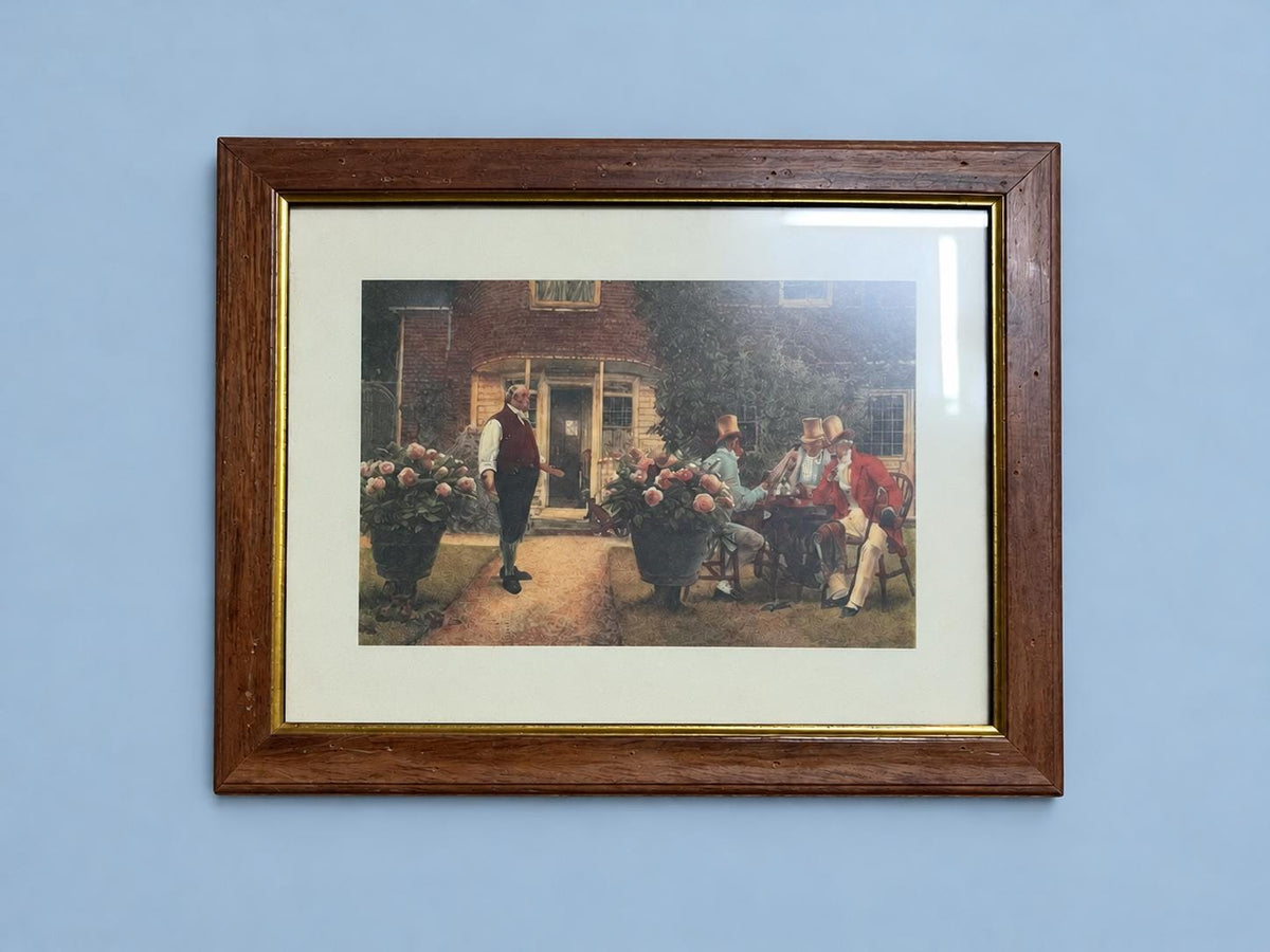 Vintage Framed Genre Scene Print, Gentlemen in Period Dress Outside a Country House, Wood Frame with Gilt Fillet, 37 cm