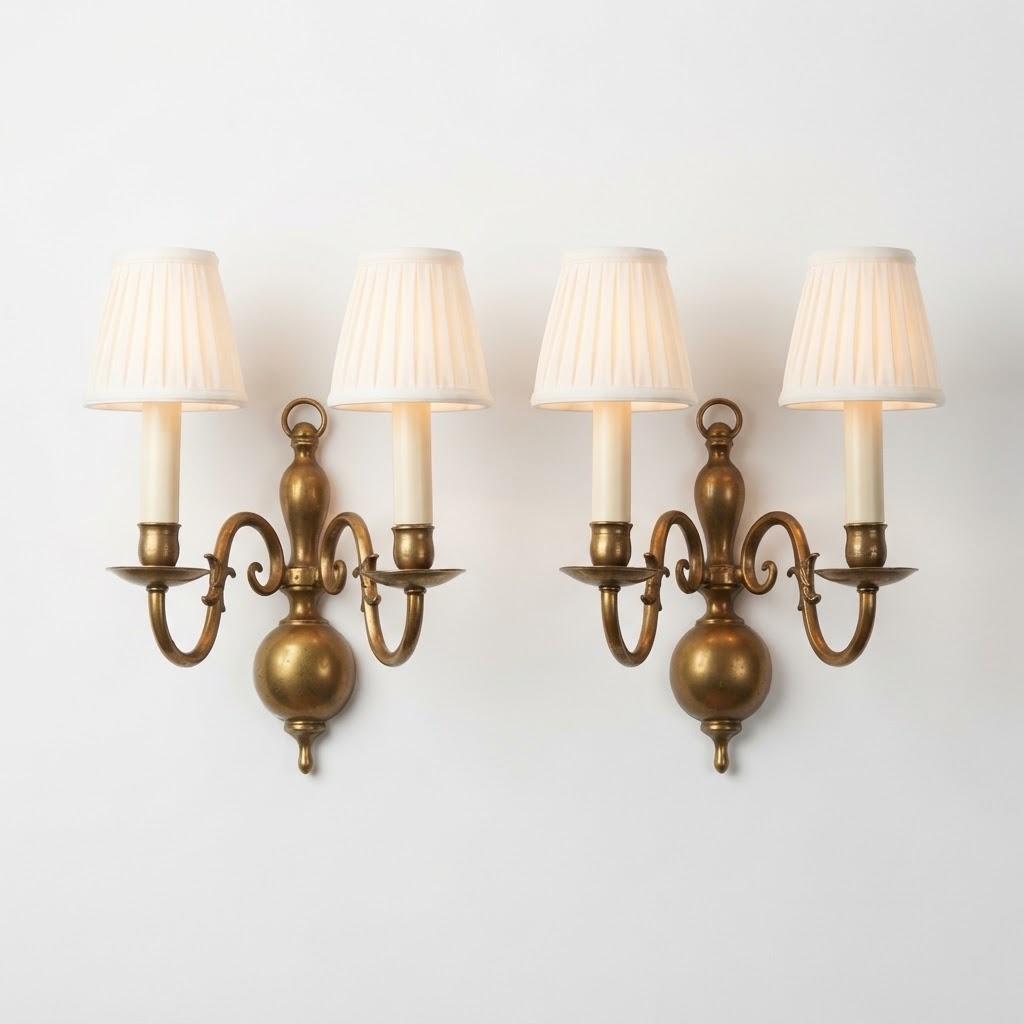 Vintage Pair of Brass Two-Light Wall Sconces, Dutch Baroque Style with Ball Body and Scroll Arms, 30 cm