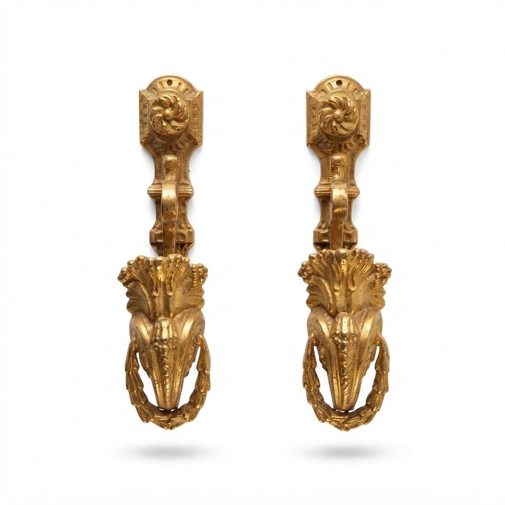 Vintage Pair of Neoclassical Curtain Tiebacks, Attributed Late 19th–Early 20th Century, Gilt Metal with Laurel Wreaths, 20 cm
