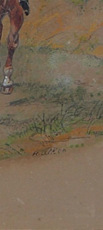 Vintage Framed English Sporting Picture, Hunting Scene with Rider Raising His Cap and Hounds, Gilt Frame, 40 × 50 cm