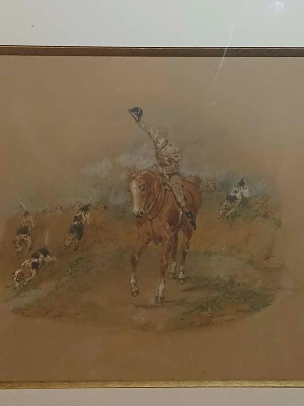 Vintage Framed English Sporting Picture, Hunting Scene with Rider Raising His Cap and Hounds, Gilt Frame, 40 × 50 cm