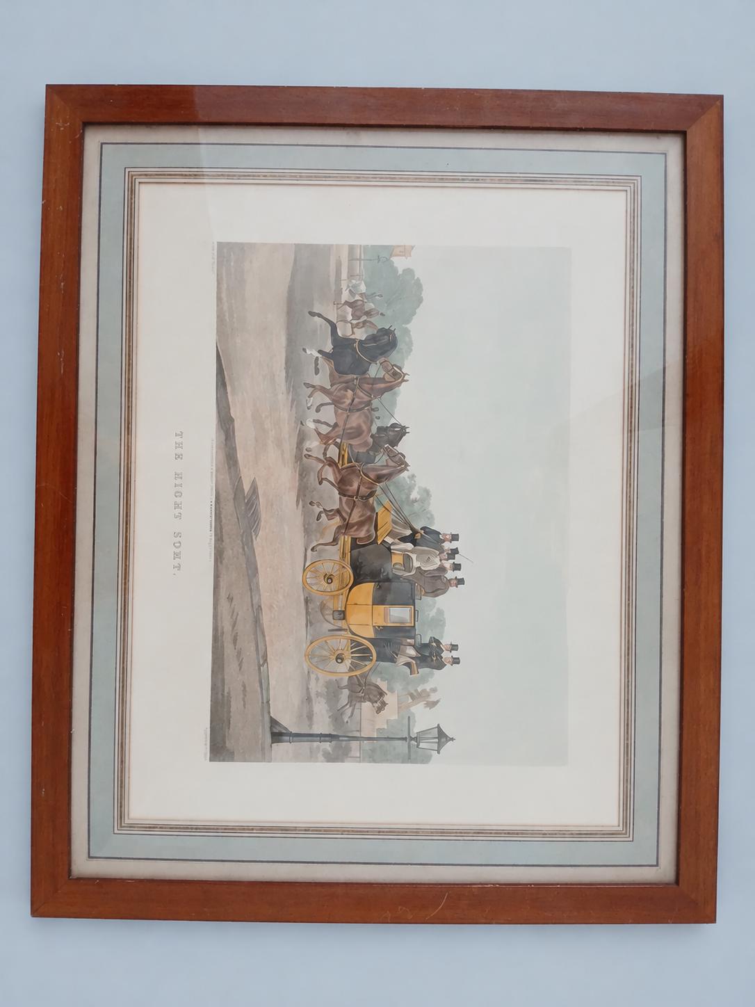 Vintage Framed English Coaching Print “The Right Sort,” Gentlemen Driving a Coach and Four, Paris Framer’s Label, 64 cm