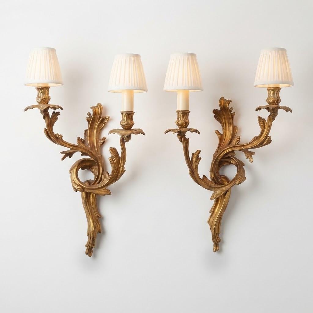 Vintage Pair of Louis XV Rocaille Style Wall Sconces, Gilt Metal Acanthus Scrolls, Two Lights Each, Mirror-Image Pair, 45 cm
