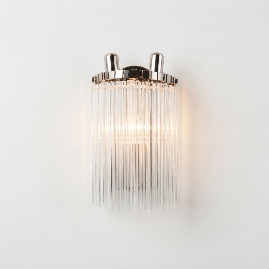 Vintage Glass Rod Wall Sconce, Cascade of Clear Glass Rods on Chrome-Finish Frame, Two Lights, 30 cm
