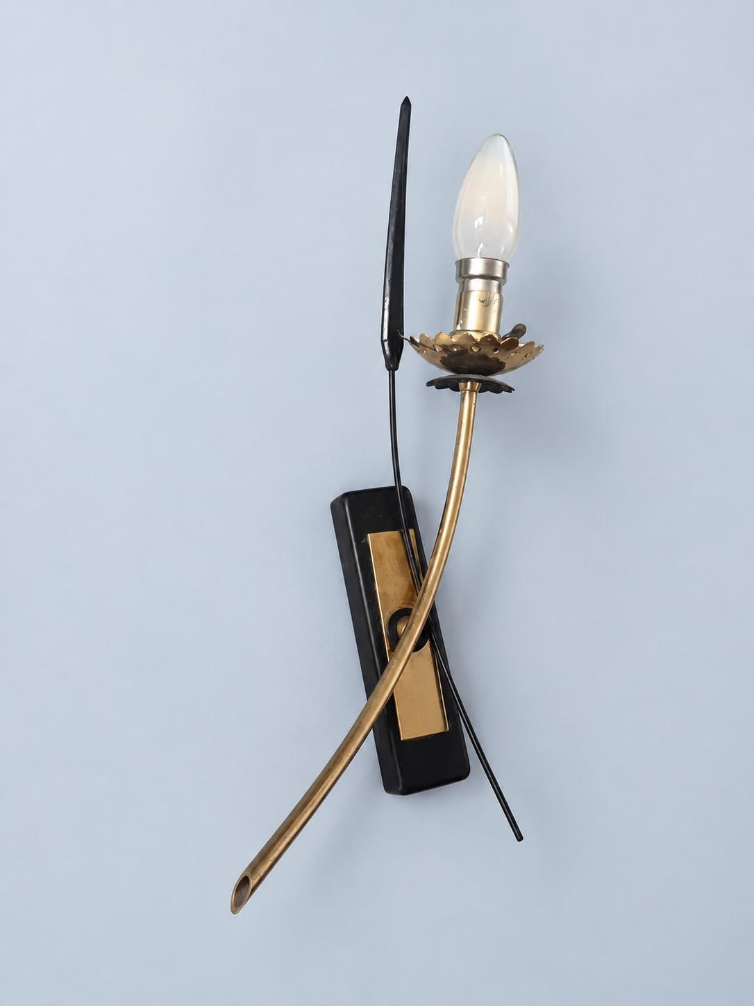 Vintage Black and Brass Wall Sconce, 1950s–60s Style Curved Stem with Reed Leaf and Flower Bobèche, Candle Bulb, 35 cm