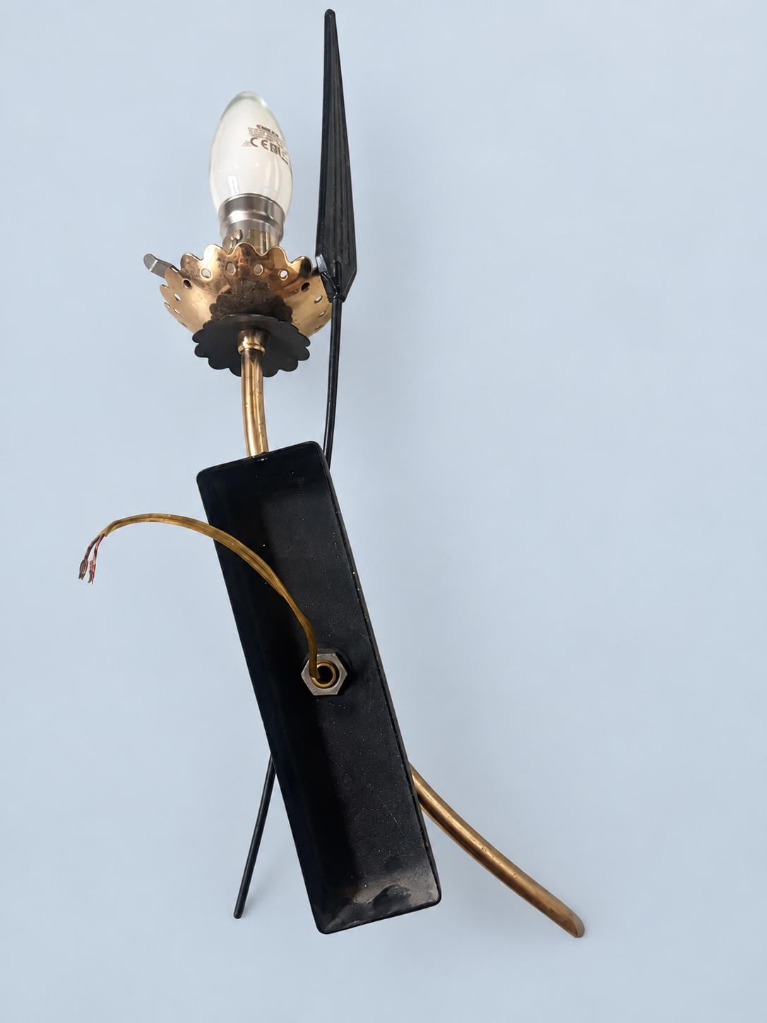 Vintage Black and Brass Wall Sconce, 1950s–60s Style Curved Stem with Reed Leaf and Flower Bobèche, Candle Bulb, 35 cm