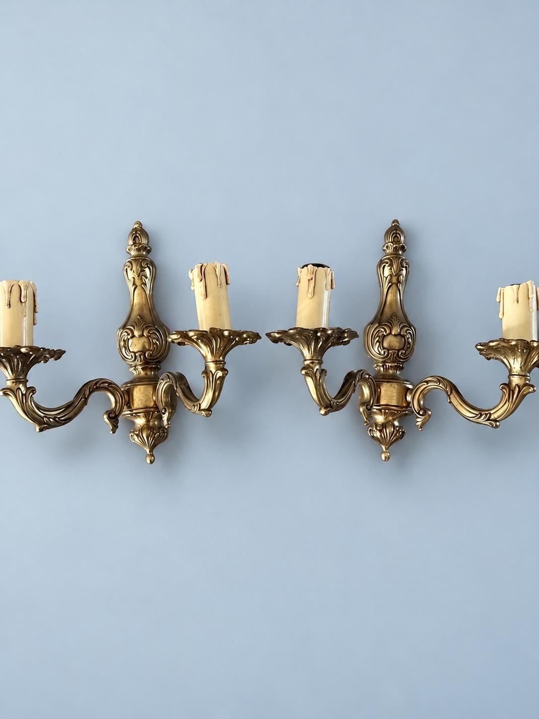 Pair of Vintage Louis XV Style Gilt Metal Wall Sconces, Two Scroll Arms, Leaf Cups and Candle Sleeves