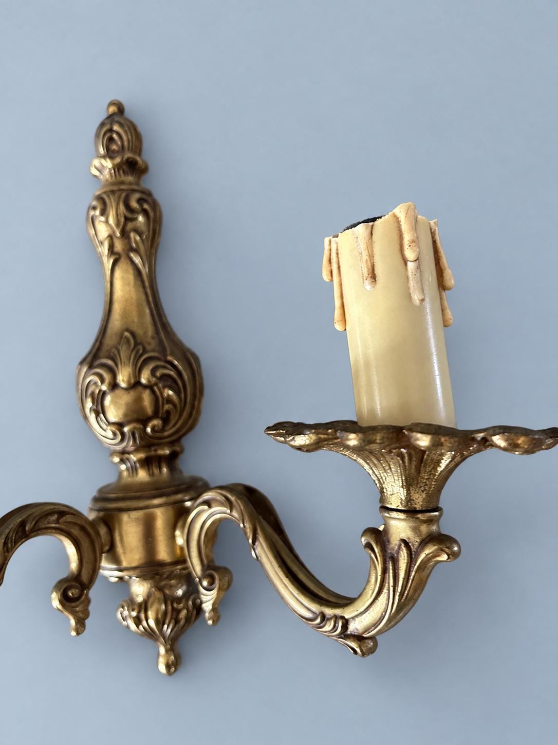 Pair of Vintage Louis XV Style Gilt Metal Wall Sconces, Two Scroll Arms, Leaf Cups and Candle Sleeves