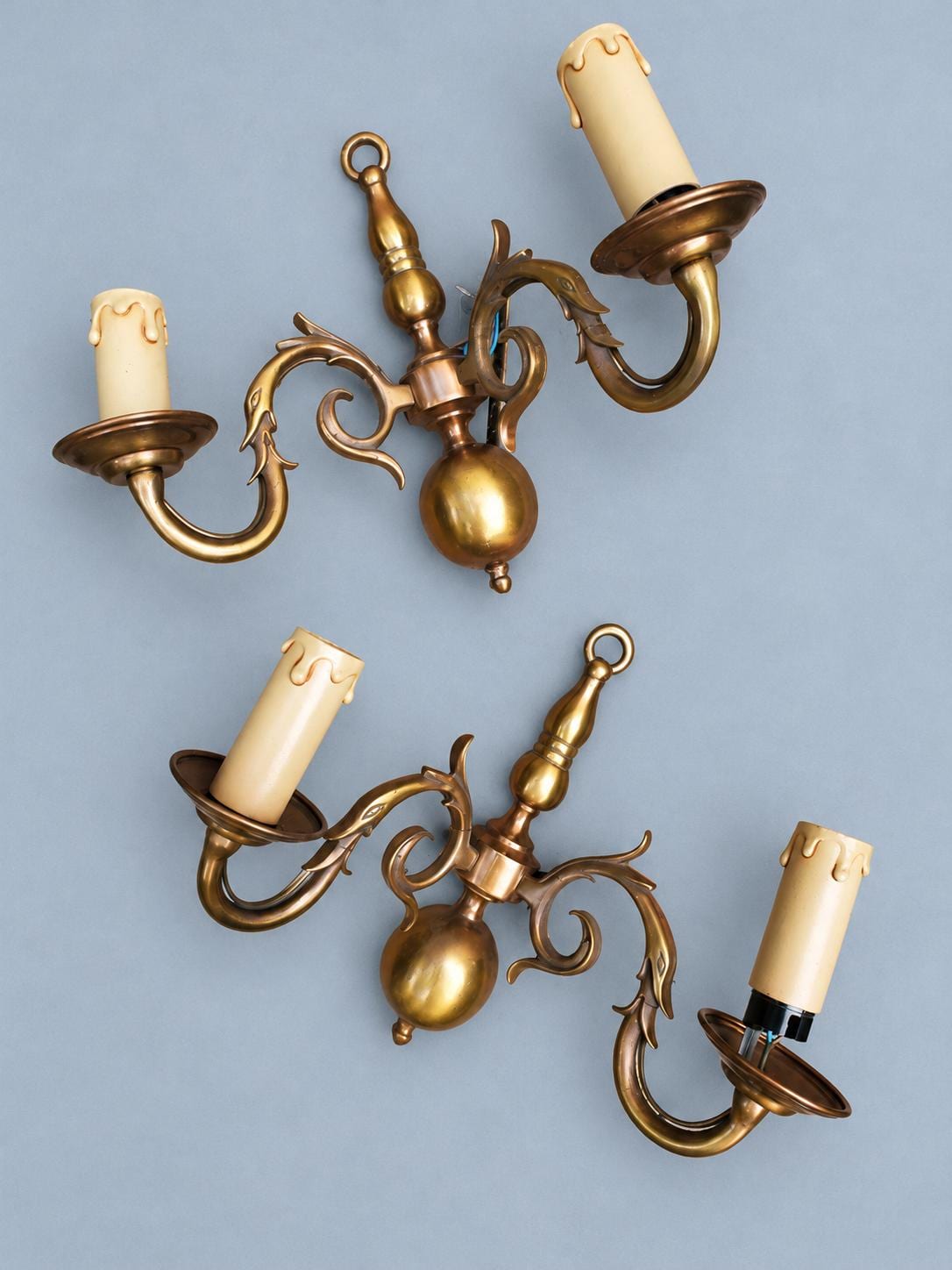 Vintage Pair of Dutch Style Wall Sconces, Gilt Metal Ball Body with Dragon-Head Scroll Arms, Two Candle Lights Each