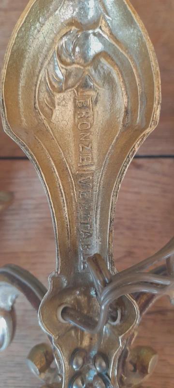 Vintage Pair of Louis XV Rocaille Style Gilt Metal Wall Sconces, Scrolls and Foliage, Two Candle Lights Each, 26 cm