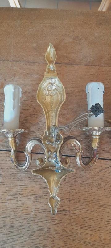 Vintage Pair of Louis XV Rocaille Style Gilt Metal Wall Sconces, Scrolls and Foliage, Two Candle Lights Each, 26 cm