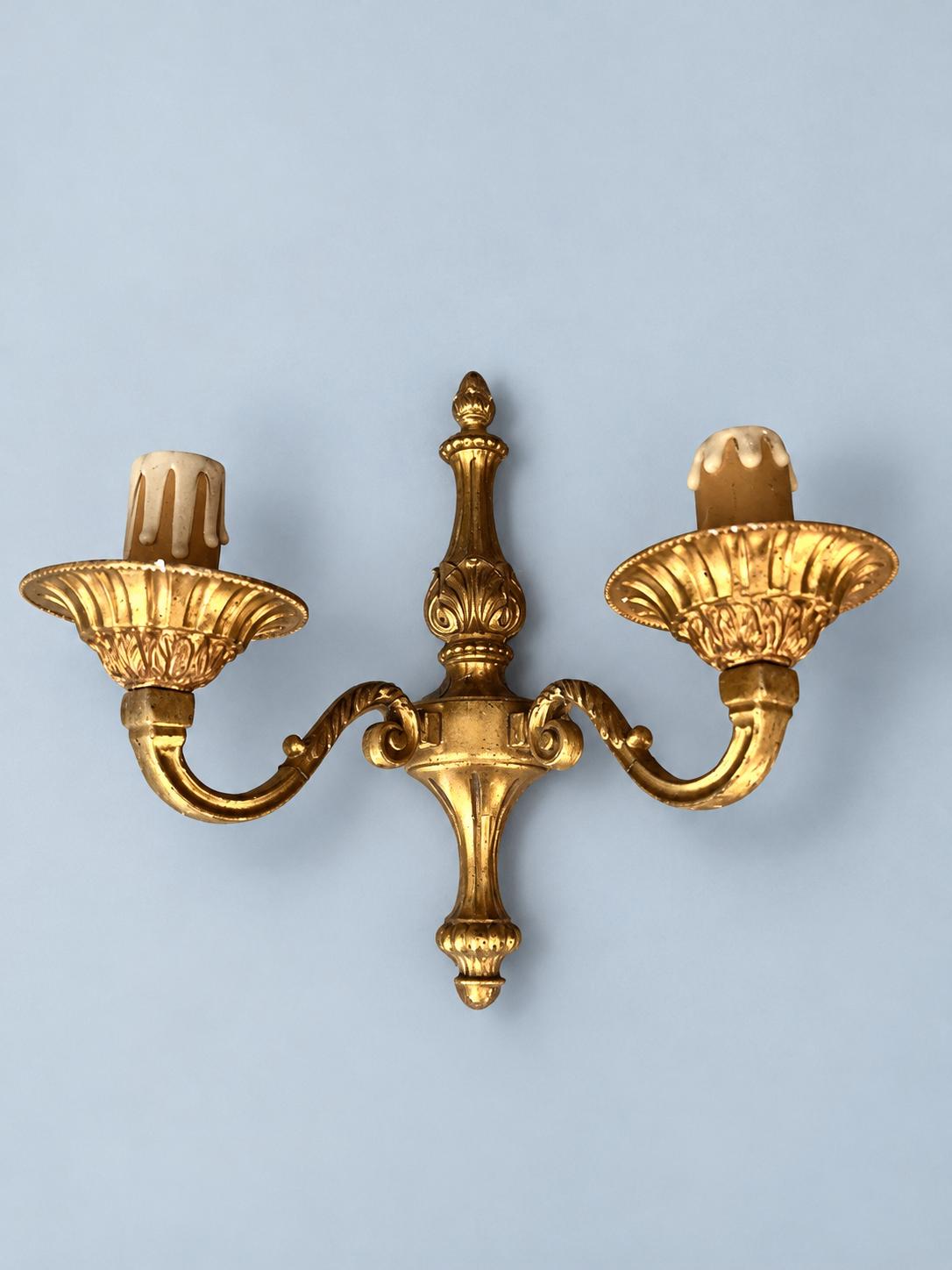 Vintage Pair of Louis XVI Style Brass Wall Sconces, Urn Body with Fluted Bobèches, Two Candle Lights Each, 24 cm