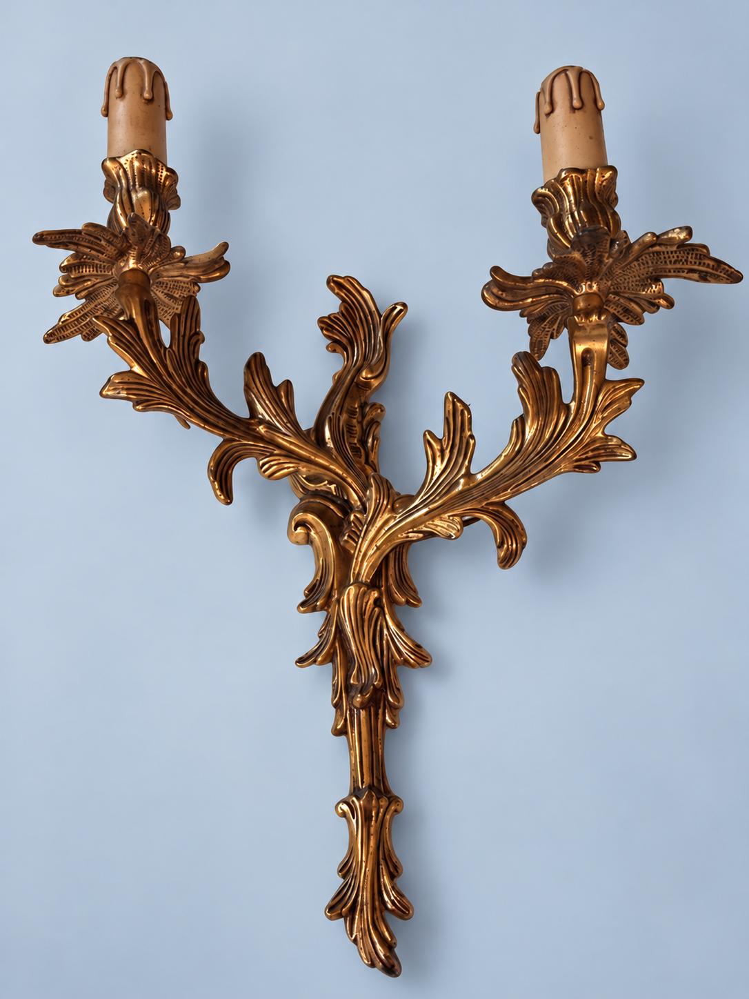 Vintage Pair of Louis XV Rocaille Style Gilt Metal Wall Sconces, Leafy Scrolls with Flower Bobèches, Two Candle Lights Each, 44 cm