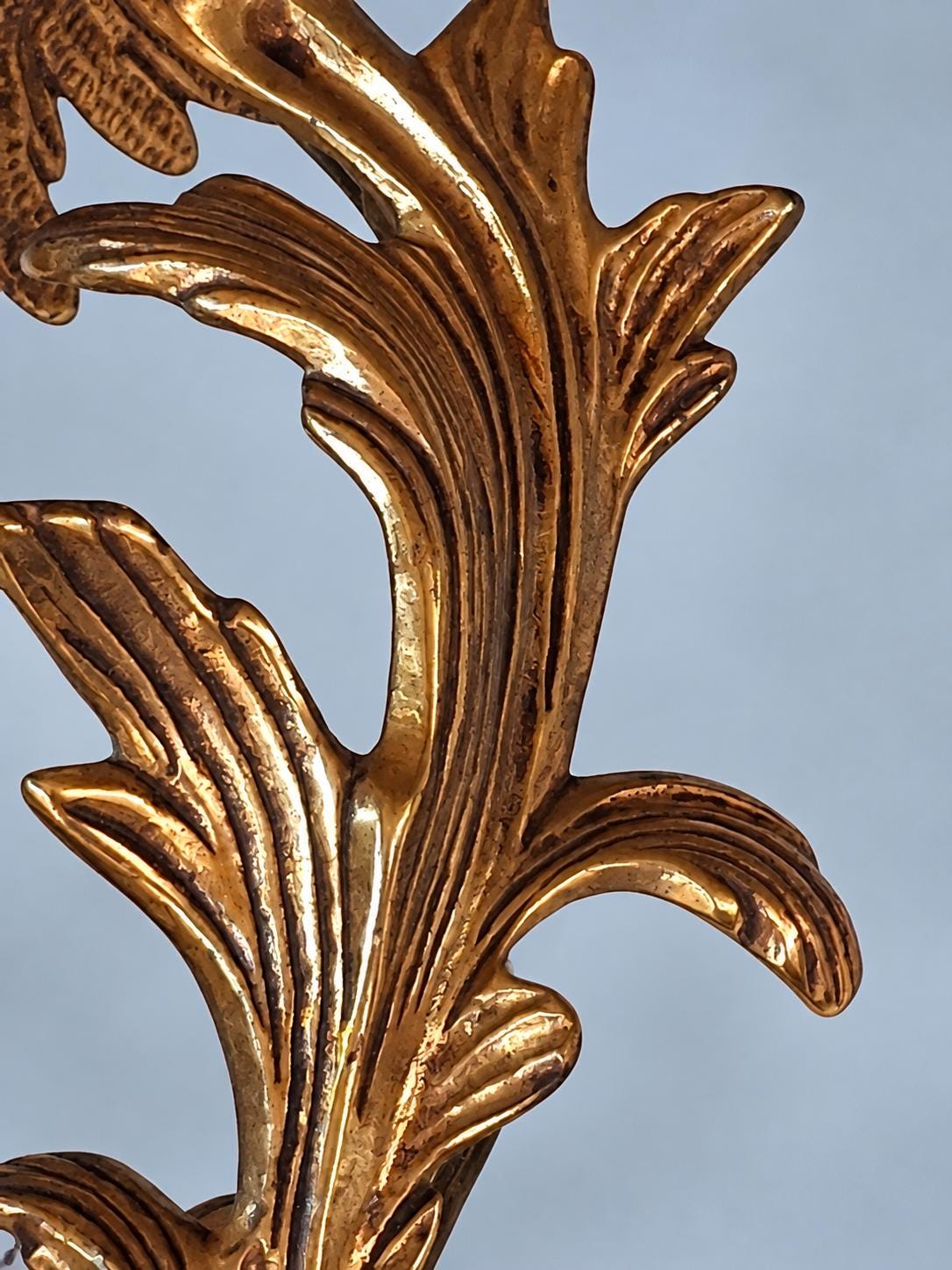 Vintage Pair of Louis XV Rocaille Style Gilt Metal Wall Sconces, Leafy Scrolls with Flower Bobèches, Two Candle Lights Each, 44 cm