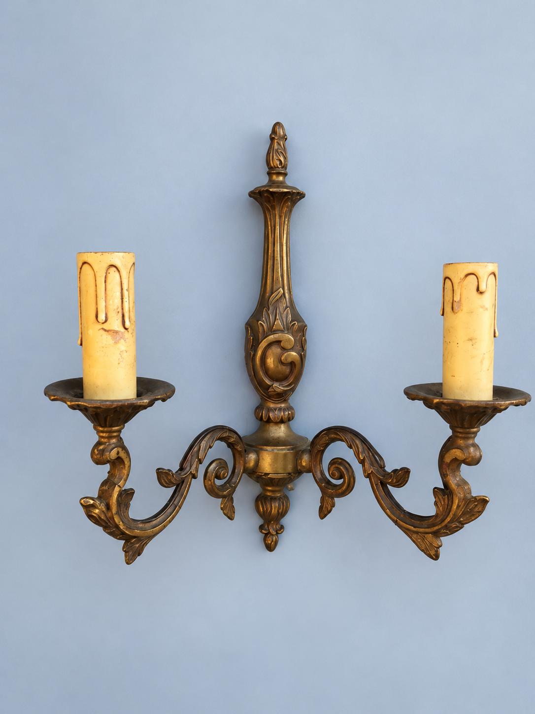 Vintage Pair of Louis XV Style Wall Sconces, Patinated Metal Baluster Body with Flame Finial, Two Candle Lights Each, 31 cm