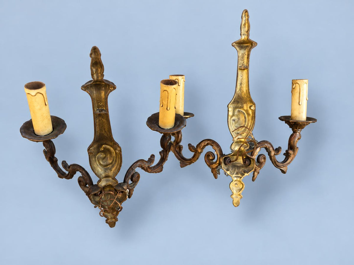 Vintage Pair of Louis XV Style Wall Sconces, Patinated Metal Baluster Body with Flame Finial, Two Candle Lights Each, 31 cm