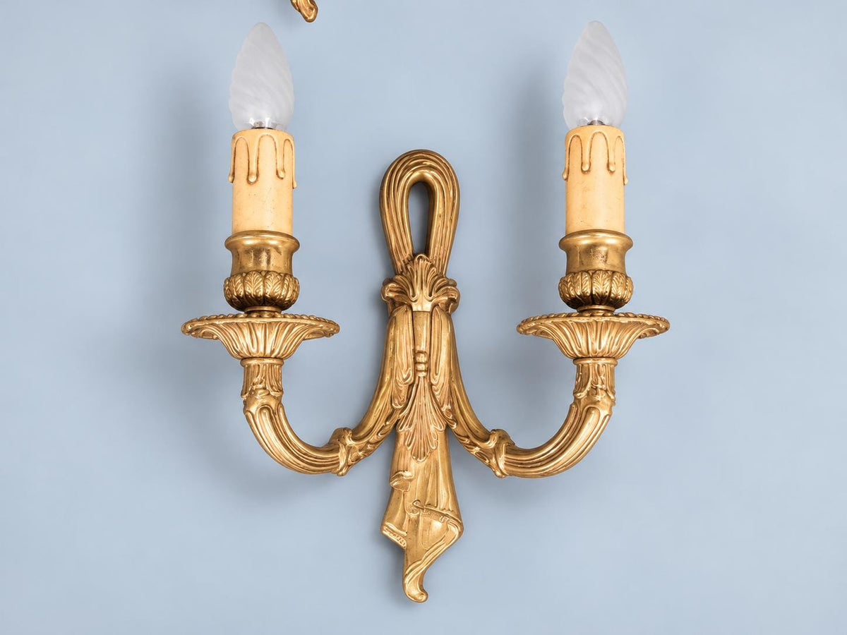 Pair of Vintage Louis XVI Style Wall Sconces, Open Loop Backplates, Ribbon Relief, Marked Bronze