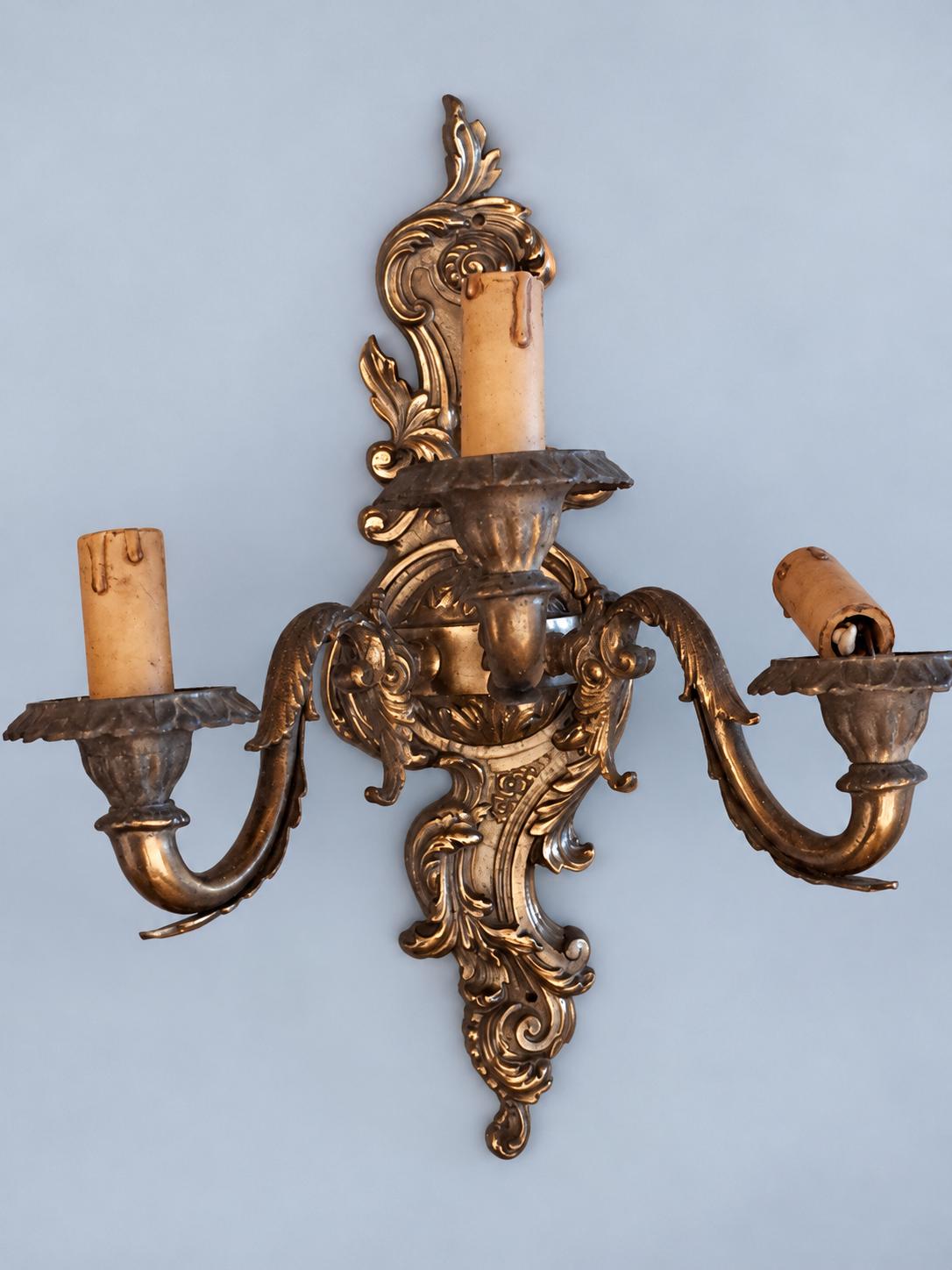 Vintage Three-Light Rococo Style Wall Sconce, Gilt Metal Cartouche Backplate with Scrolled Arms, Candle Lights, 40 cm